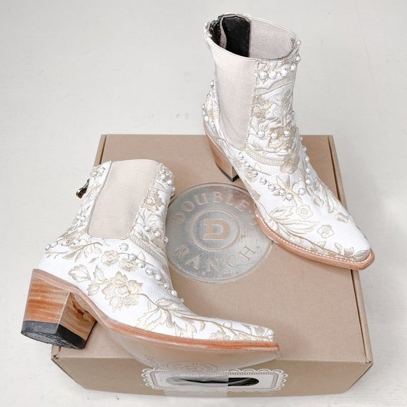 Double D Ranch Shoes - Double D Ranch Chantilly Boots Size 5.5 White Embroidered Pearl Ankle Wedding